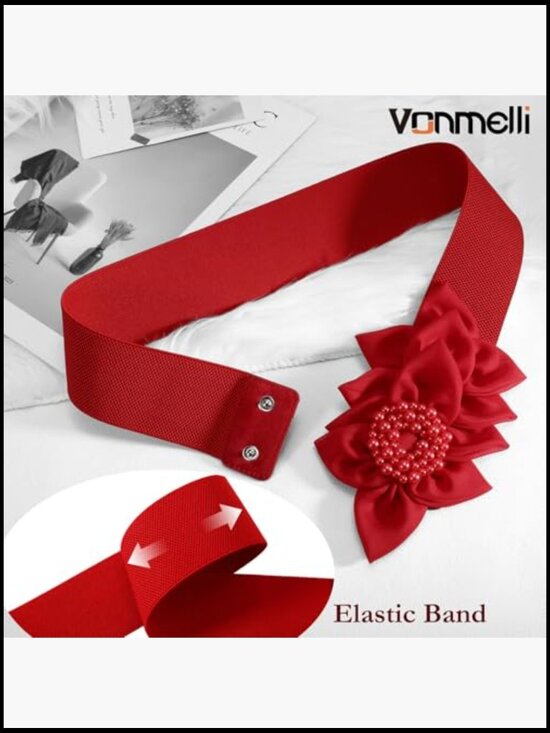 Wide Elastic Belt with Flower Pearl Decor Stretchy Snap Closure main image 6